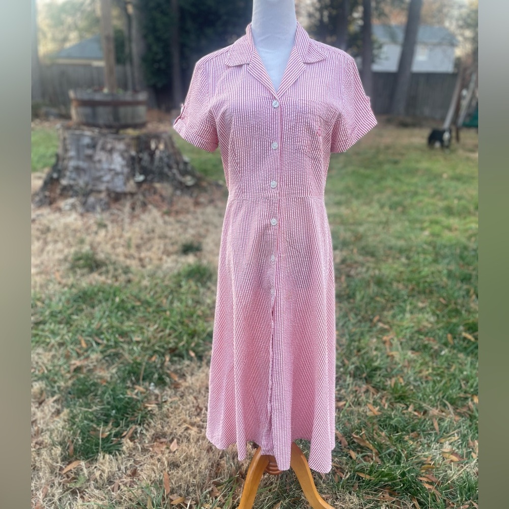 Vintage J.G. Hook searsucker Shirt Dress, red white size 10